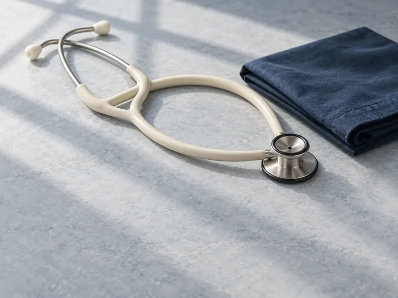 Conceptual medical still life with a stethoscope and navy textile