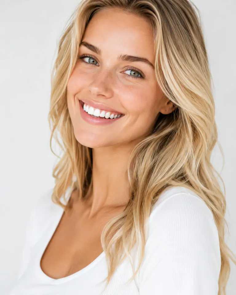 Blonde woman showing a bright, natural smile